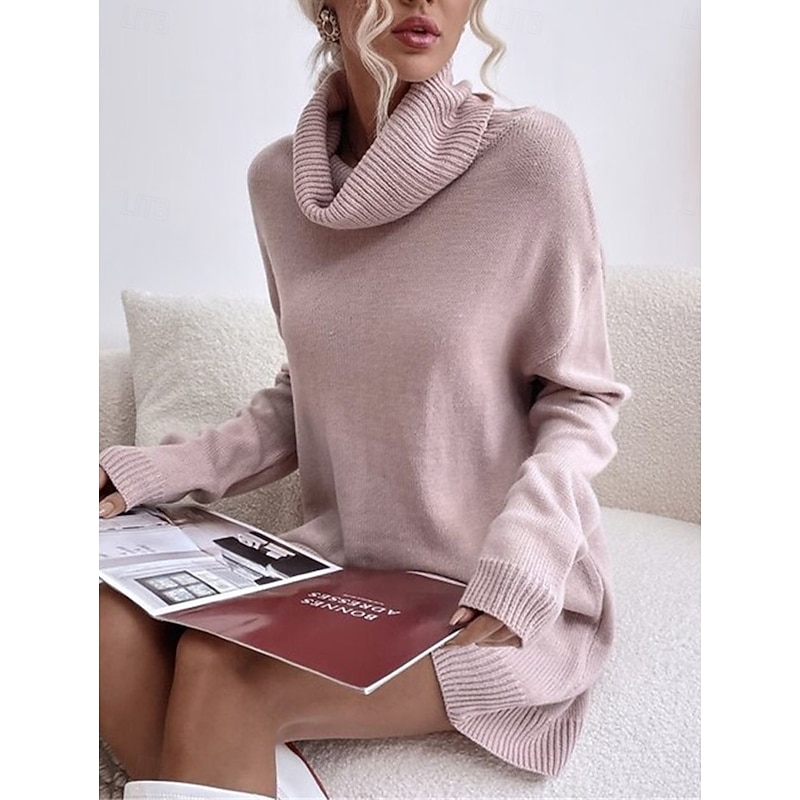 Women's Sweater Dress Casual Soft Pure Color Ribbed Turtleneck Knitted Long Sleeve Long Tops Knit Outdoor Daily Weekend Black Pink Fall Winter3