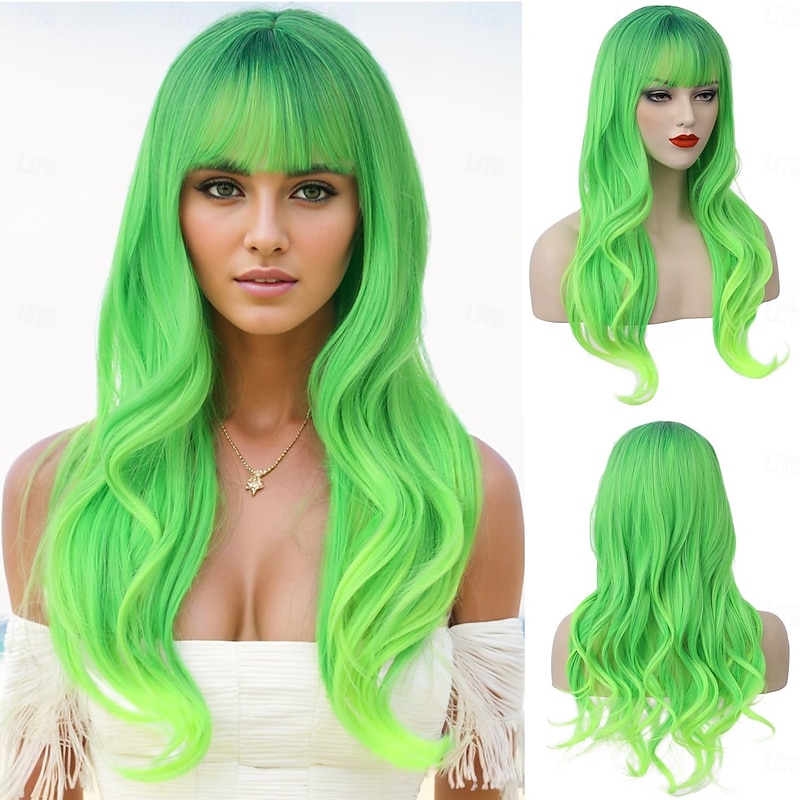 Green Wig Long Wavy Green Wig with Bangs Lime Green Wig for Women Long Ombre Green Wig Cosplay Wig Heat Resistant Synthetic Wig For Carvinal