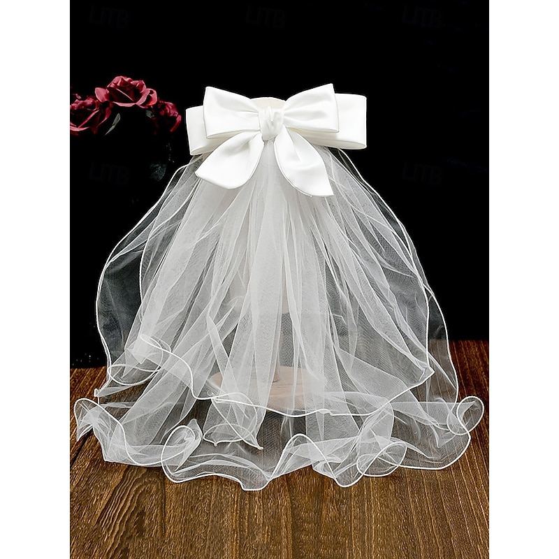 Elegant Ivory Bridal Veil with Satin Ribbon - Soft Tulle and Satin Trim Perfect for a Dreamy Wedding