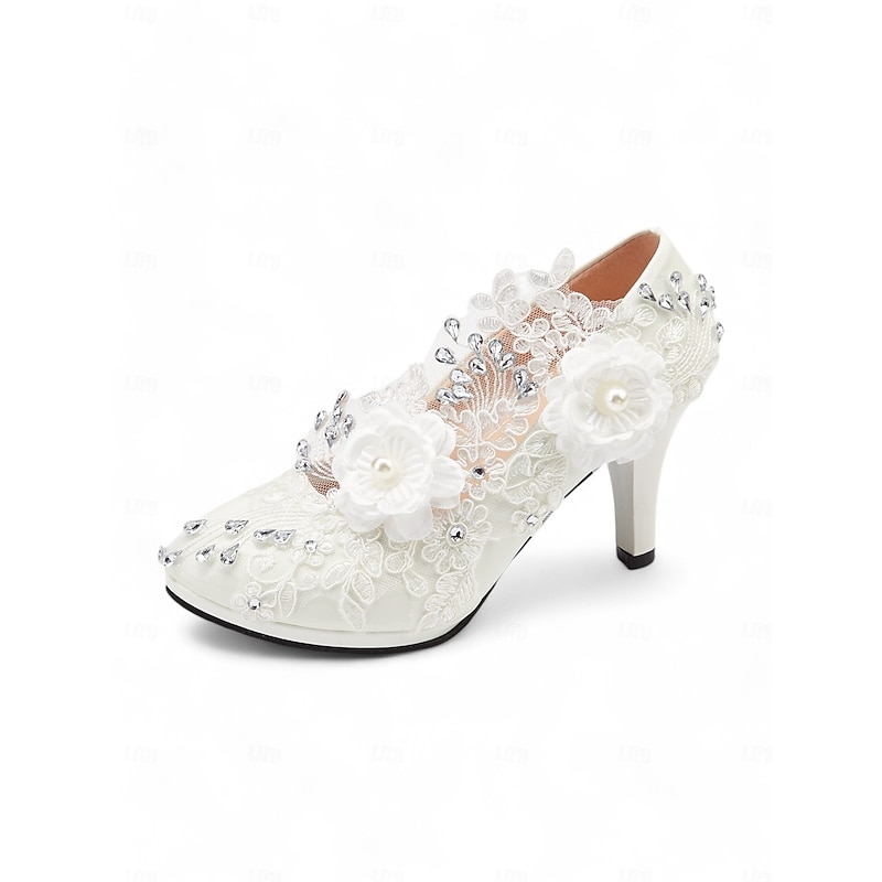 Women's White Lace Wedding Heels – Rhinestone Embellished Floral Design Bridal Shoes for Elegant Occasions4