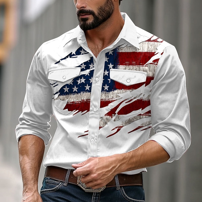Men's American US Flag Western Shirt Button Up Shirt Long Sleeve Western Casual Causal Casual Spring Fall Turndown Button Up 2 Pockets White 1 White White 2
