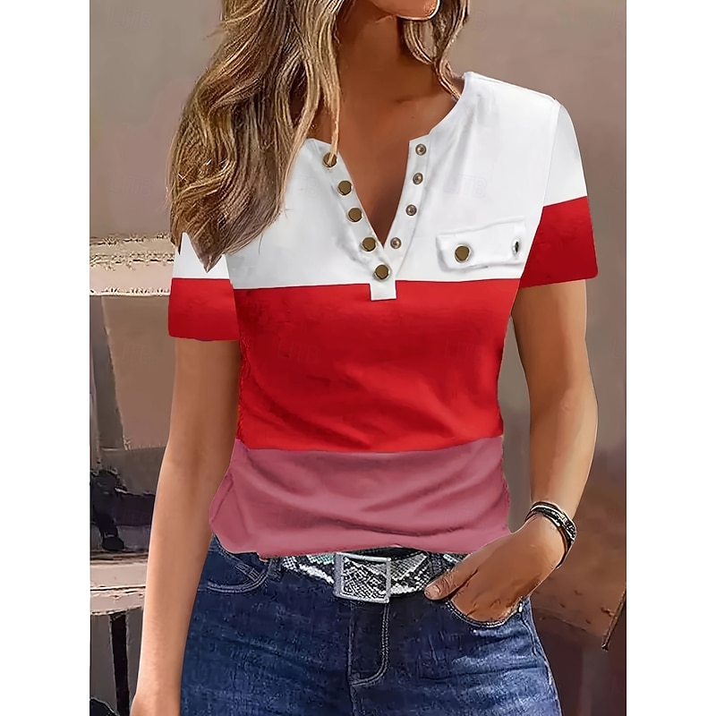 Women's T Shirt Color Block Fashion Modern Casual Short Sleeve V Neck Regular Tops Daily Weekend Buttons Red Orange Gray Summer2