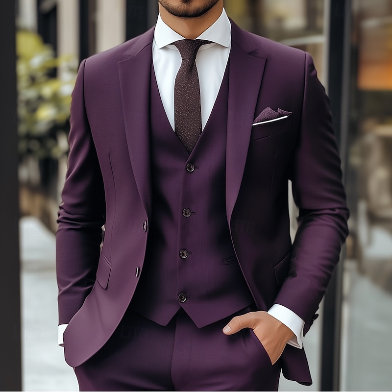Men's Wedding Business Suits Notch Lapel Grape Sage Formal Solid Colored Standard Fit 3 Piece Single Breasted Two-buttons2