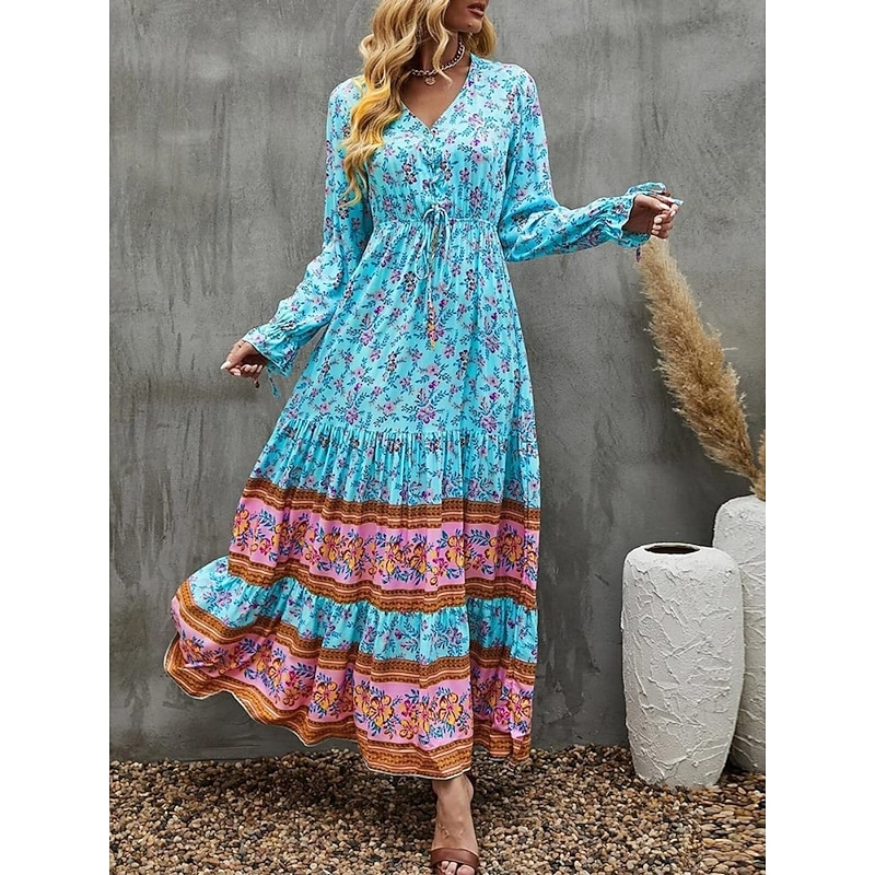 Women's Maxi Dress Casual Dress Swing Dress Long Sleeve Boho Dress A Line Dress Bohemia Casual Vacation Daily Regular Fit Floral Long Sleeve V Neck Yellow Pink Blue Spring Fall3