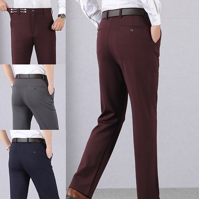 Men's Dress Pants Trousers Suit Pants Pocket Elastic Waist Straight Leg Plain Wearable Wrinkle Resistant Full Length Formal Wedding Business Elegant Fashion Black Red3