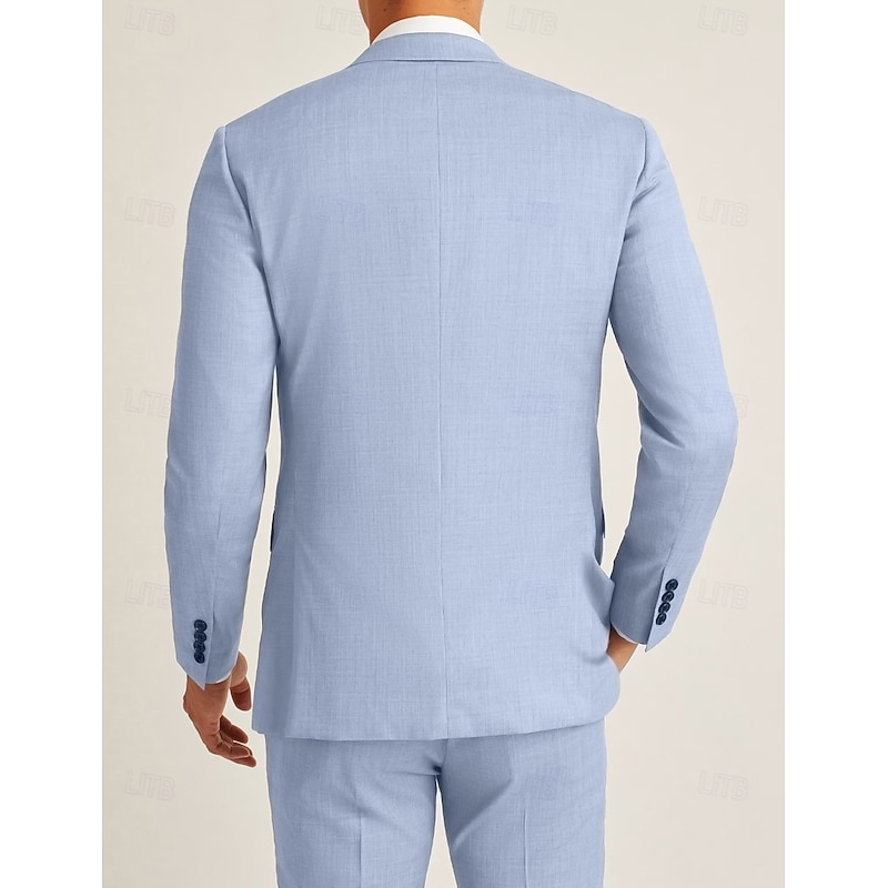 Men's Beach Wedding Linen Suits Peak Sky Blue Dark Blue Fashion Casual Solid Colored Tailored Fit 2 Piece Single Breasted One-button2