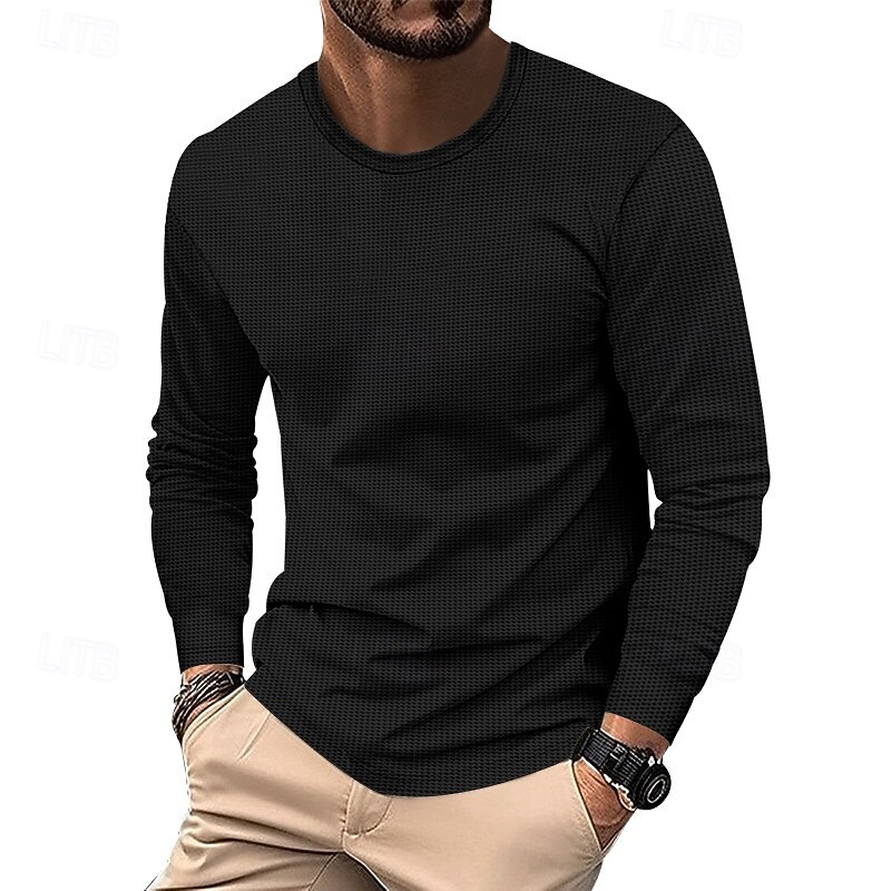 Men's T Shirt Tee Waffle Knit Tee Tee Top Long Sleeve Crew Neck Spring &  Fall Plain Fashion Designer Basic Classic Vacation Street Going out Black White Khaki Top Tee for Men4