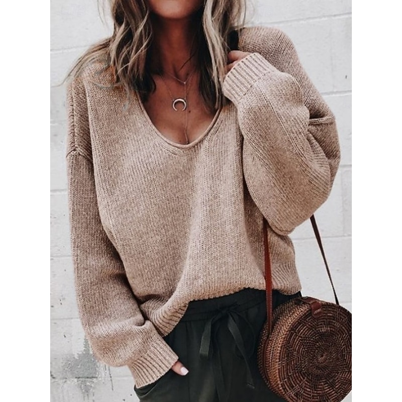 Women's Sweater Casual Soft Pure Color Ribbed V Neck Knitted Long Sleeve Regular Tops Knit Outdoor Daily Weekend Black Khaki Fall Winter