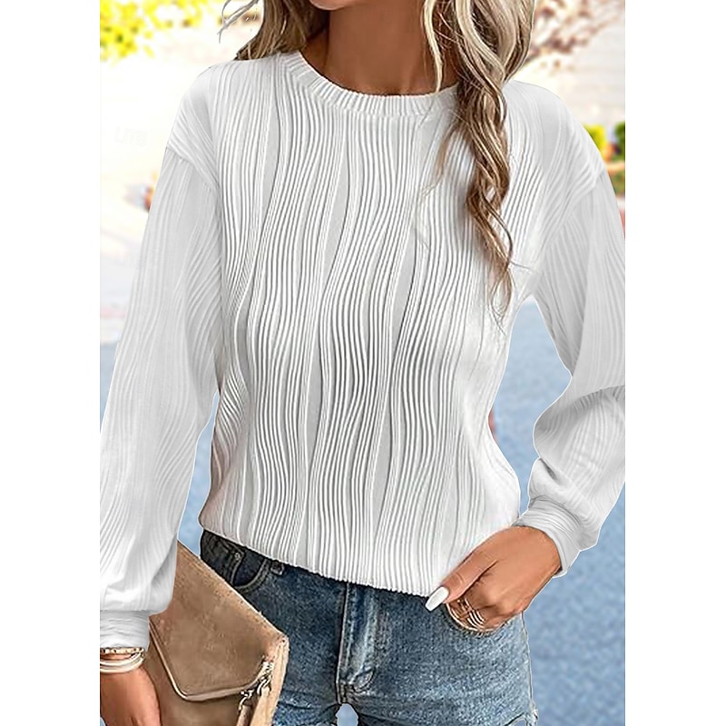 Women's Shirt Blouse Solid Color Basic Casual Long Sleeve Crew Neck Regular Tops Daily Patchwork Black White Beige Fall Winter