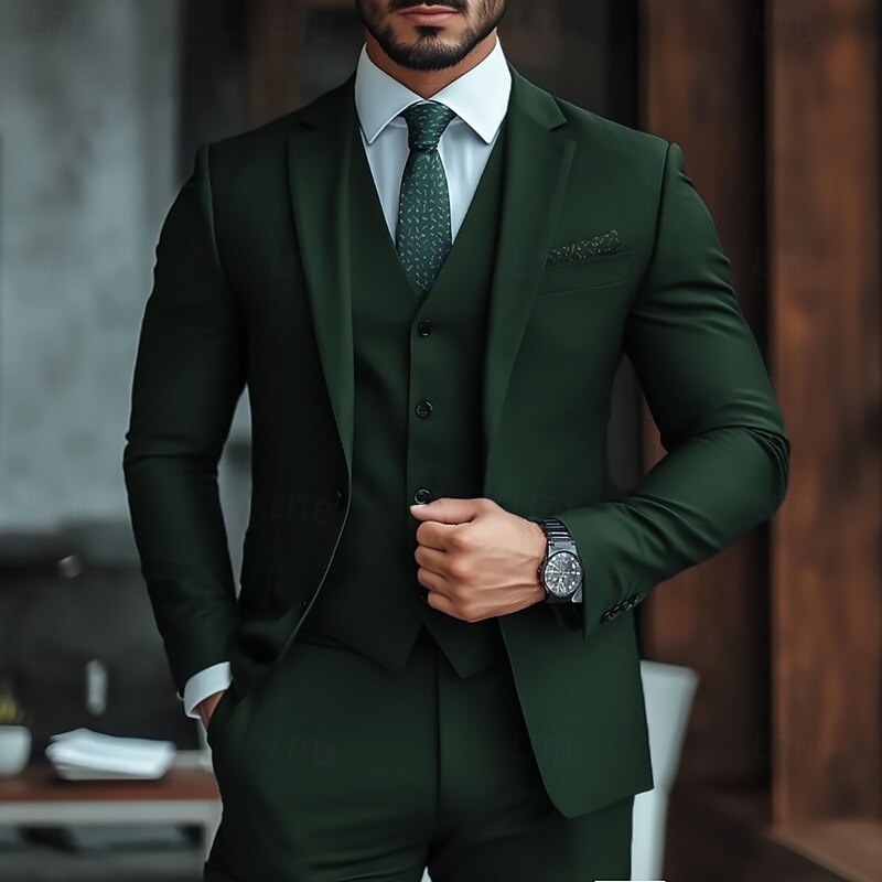 Men's Business Suits Dark Green Formal Solid Colored Standard Fit 3 Piece Single Breasted One-button