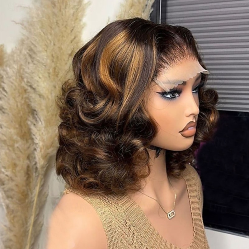 Human Hair 5x5 Closure 13x4 Lace Front Wig Short Bob Brazilian Hair Loose Wave Brown Multi-color Wig 130% 150% Density Ombre Hair Highlighted / Balayage Hair Glueless Pre-Plucked For Women Short2