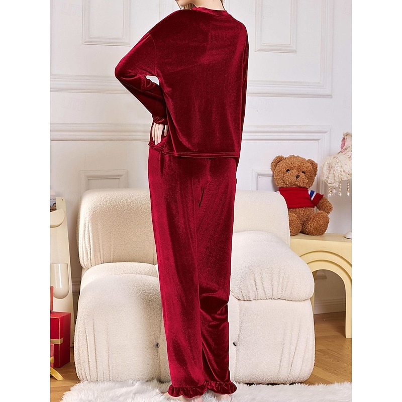 Women's Pajama Set Casual Comfort Pure Color Elastic Waist T Shirt Pant Home Daily Long Sleeve Crew Neck Red Beige Gray Fall Winter3