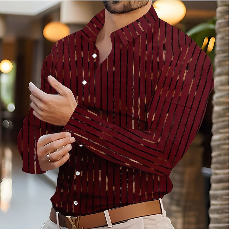 Men's Shirt Summer Shirt Striped Shirt Wrinkle Resistant Casual Shirt Button Up Shirt Stripe Wedding Vacation Light Blue Black White Red Long Sleeve Lapel Spring &  Fall Clothing Apparel4