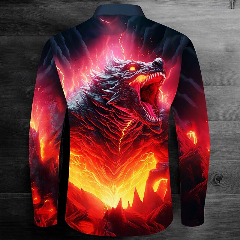 Men's Dragon Collared Shirt Button Up Shirt Long Sleeve Dark Causal Casual Spring Fall Turndown Button Up Red2