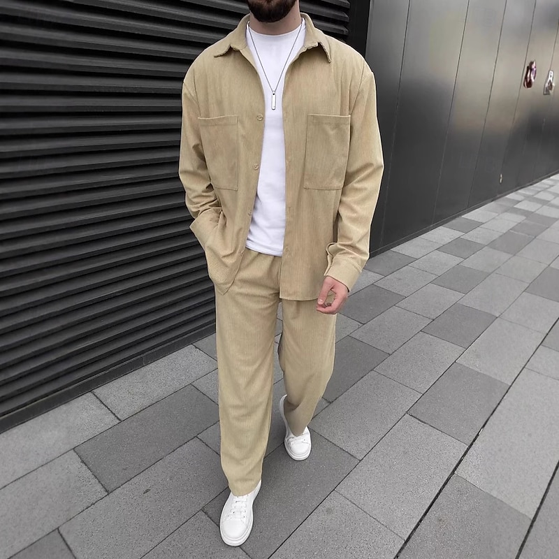 Men's Shirt 2 Piece Shirt Set Matching Sets Casual Shirt Corduroy Shirt Brown Green khaki Gray Light Blue Long Sleeve Solid Color Collar Street Daily Clothing Apparel Fashion Casual Comfortable2