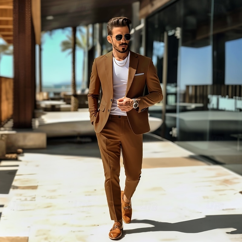 Men's Casual Suits Brown Daily WorkWear Solid Colored Standard Fit 2 Piece Single Breasted Two-buttons2