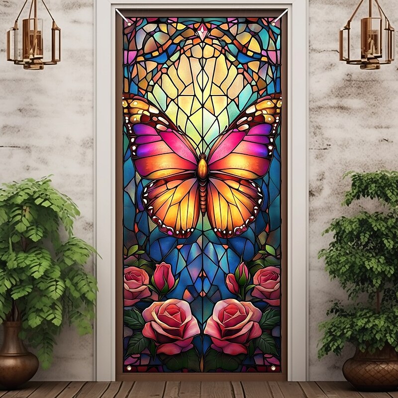 Stained Glass Effect Door Decorations Door Covers Butterfly Door Tapestry Door Curtain Decoration Backdrop Indoor/Outdoor Door Banner for Front Door Farmhouse