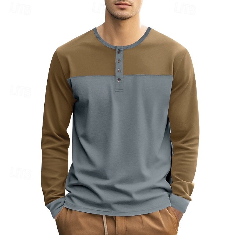 Men's T Shirt Henley Shirt Henley Top Long Sleeve Solid Color Vintage Casual Patchwork Henley Outdoor Causal Casual Spring Fall Spring &  Fall Black Green Light Blue Henley T-Shirt3
