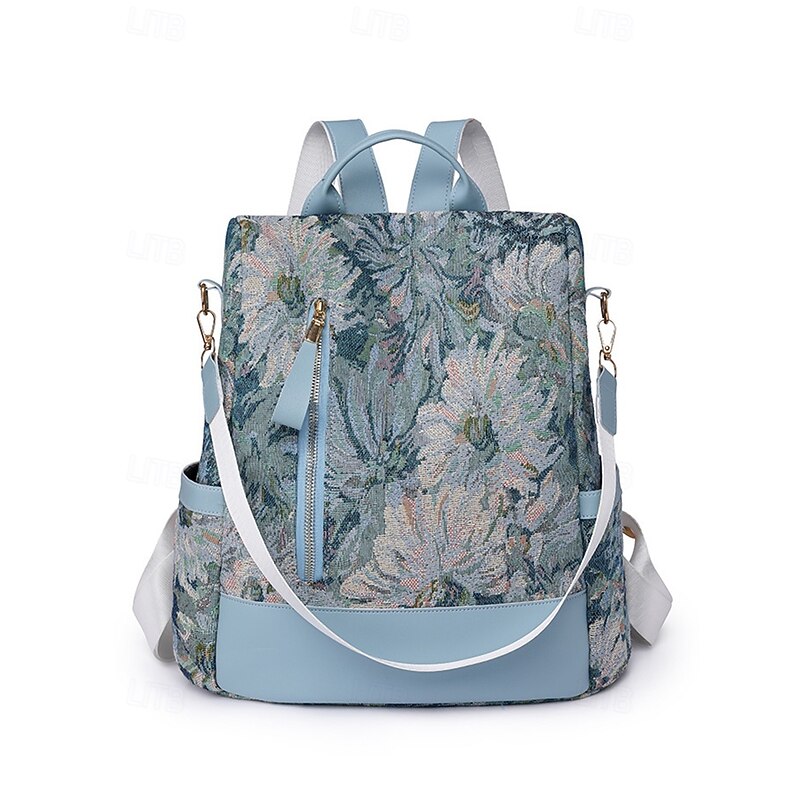Retro Floral Fabric Backpack for Women – Bohemian Multi-Way Convertible Bag with Artistic Pattern, Great for Commuting, Shopping, or Weekend Outings3