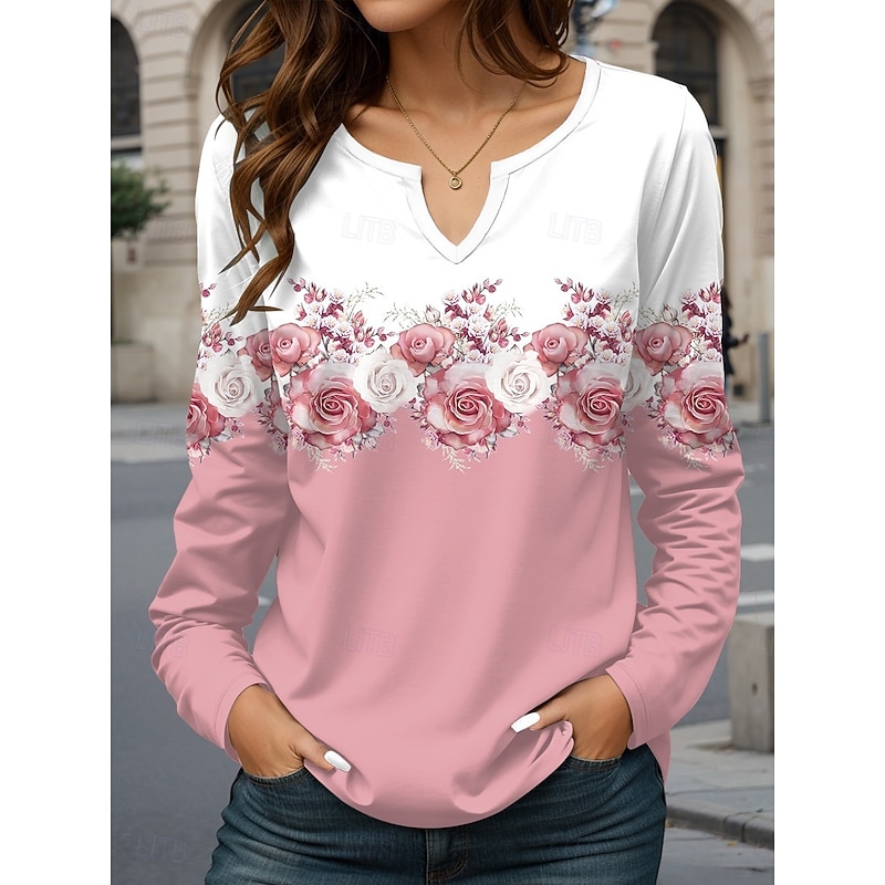 Women's T Shirt Floral Casual Long Sleeve Notched Neck Regular Tops Daily Print Pink Spring Fall