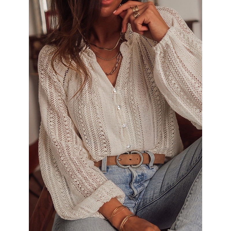 Women's Shirt Blouse Plain Bohemia Casual Long Sleeve Shirt Collar Regular Tops Daily Buttons Eyelet Beige Summer Spring Fall