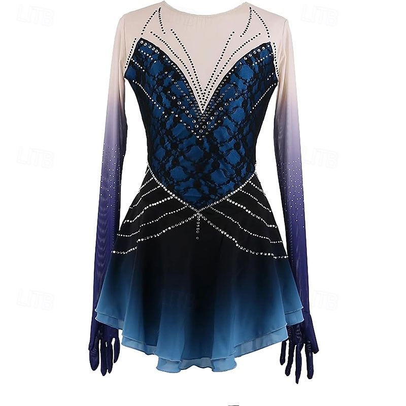 Figure Skating Dress Women's Girls' Ice Skating Dress Dark Blue High Elasticity Training Competition Skating Wear Classic Crystal / Rhinestone Long Sleeve Ice Skating Figure Skating
