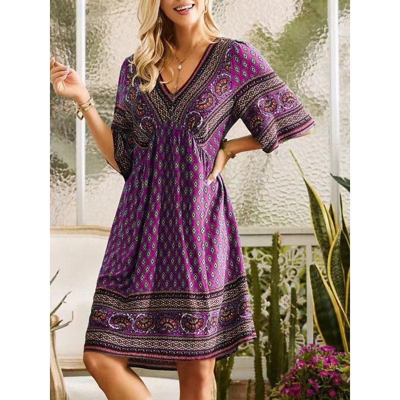Women's Mini Dress Petite Dress Casual Dress A Line Dress Boho Dress Bohemia Ethnic Casual Vacation Daily Regular Fit Floral 3/4 Length Sleeve V Neck Purple Fuchsia Green Spring Fall3