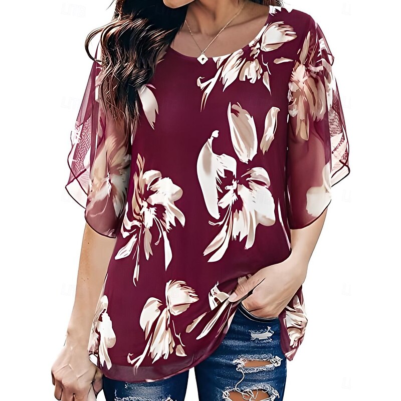 Women's Shirt Blouse Floral Casual 3/4 Length Sleeve Crew Neck Regular Tops Daily Mesh Patchwork Print Black Wine Blue Summer Spring