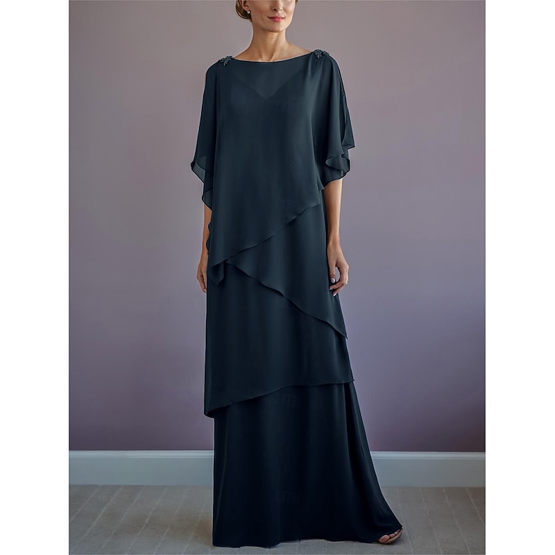 Beach Wedding A-Line Mother of the Bride Dress Formal Wedding Guest Elegant Bateau Neck Floor Length Chiffon Half Sleeve with Ruffles Draping Tier3