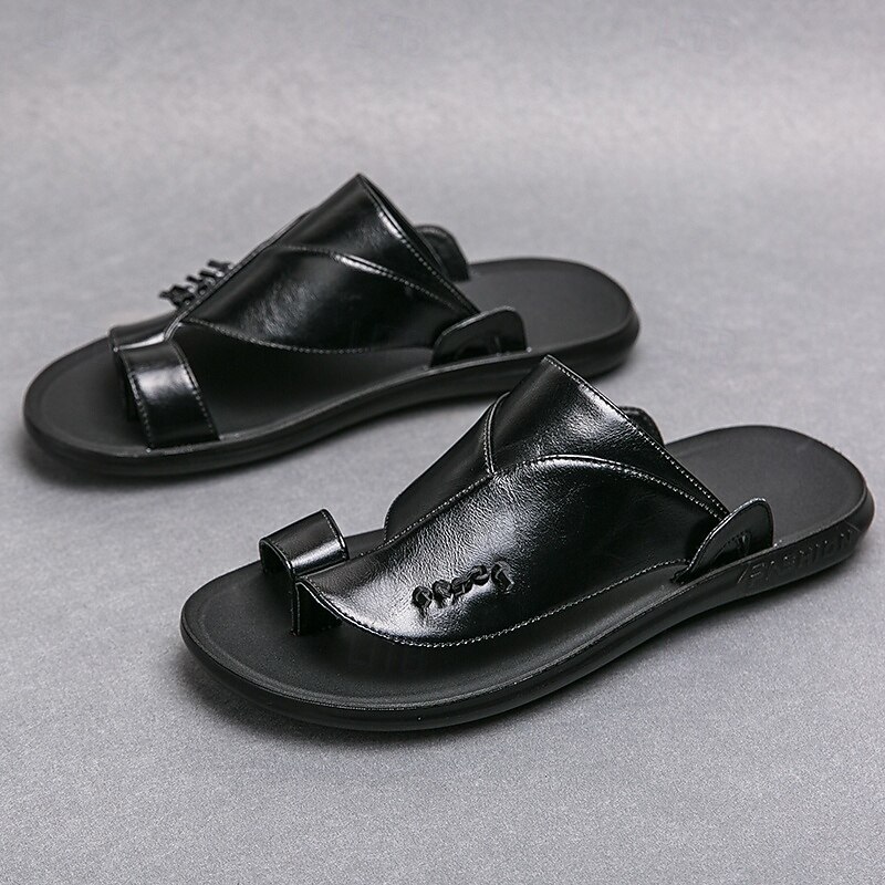 Men's Black Faux Leather Slide Slippers with Stylish Accent Detail – Comfortable Casual Footwear for Everyday Wear3