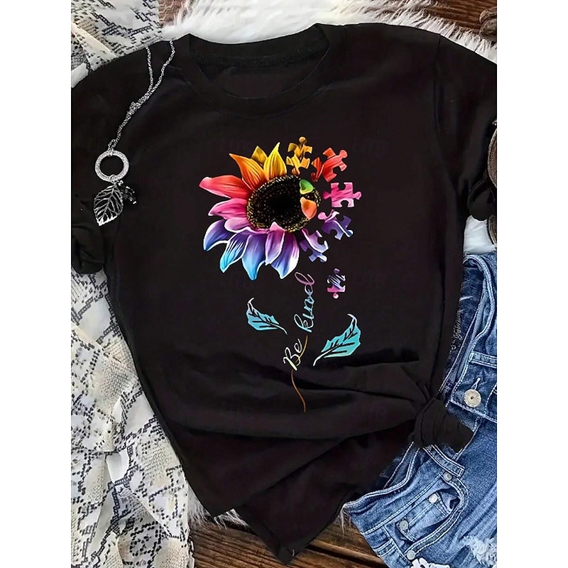 Women's 100% Cotton T Shirt Casual Floral Regular Tops Short Sleeve Round Neck Print Regular Fit Daily Black Summer