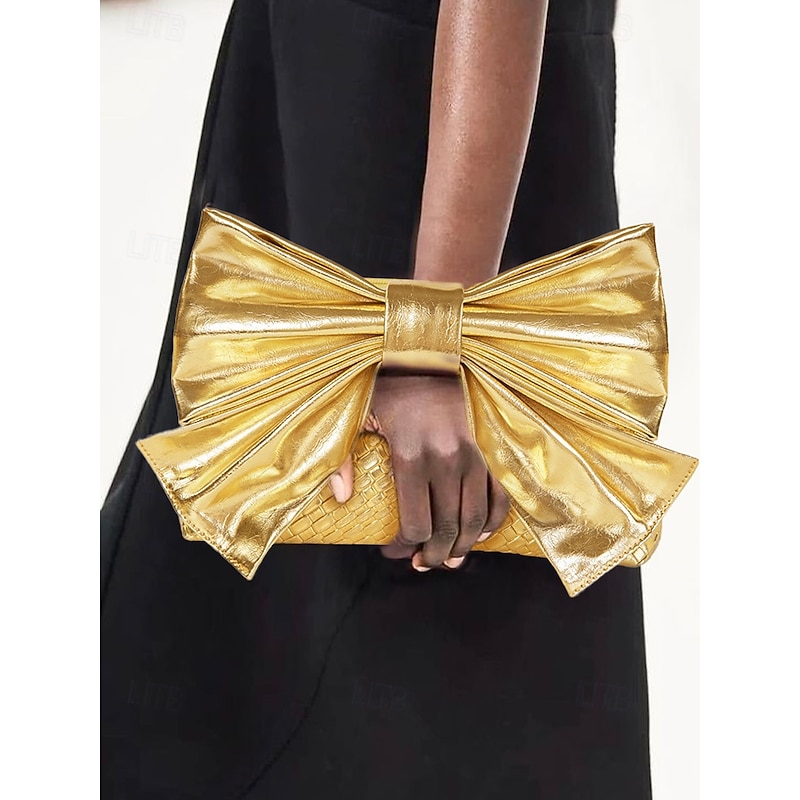 Women's Gold Faux Leather Clutch Bag with Oversized Bow Design, Textured Finish, Perfect for Evening Parties, Weddings, and Formal Events Silver Black Gold2