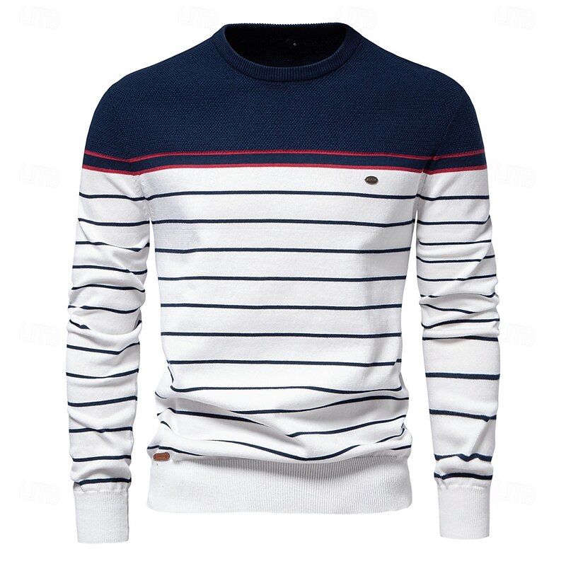 Men's Pullover Sweater Jumper Ribbed Knit Regular Tops Color Block Striped Crew Neck Knitwear Daily Outdoor Vacation Clothing Apparel Spring Fall Wine Navy Blue S M L