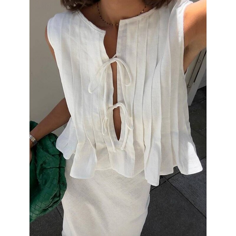 Women's Button Up Cotton Linen Shirt Solid Color Basic Casual Sleeveless Crew Neck Regular Tops Daily Ruffle Black White Red Summer Spring