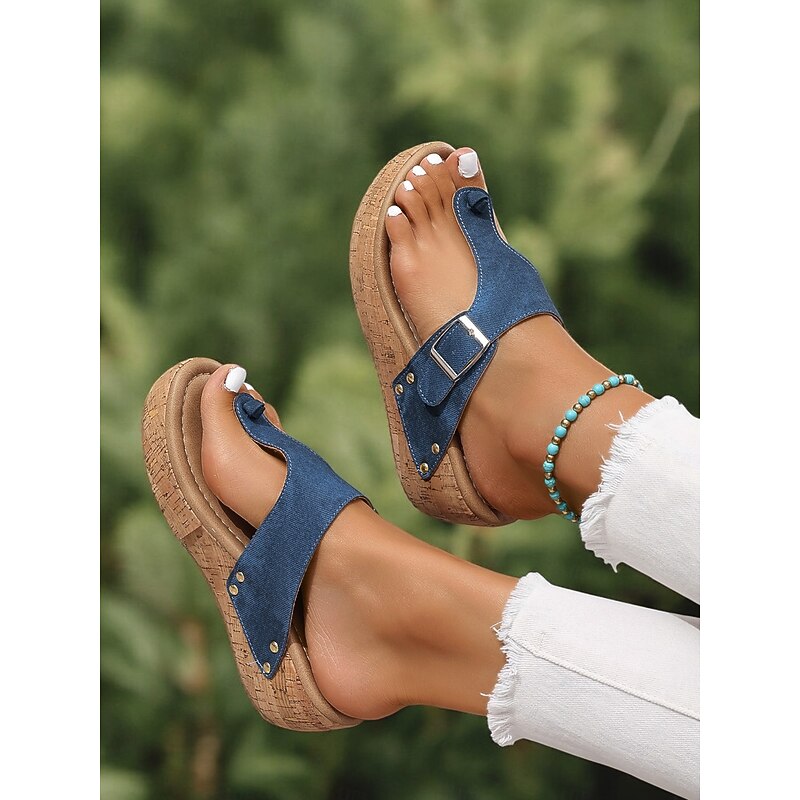 Women's Blue Wedge Sandals with Buckle Strap and Stud Details, Comfortable Summer Shoes for Casual and Beach Wear