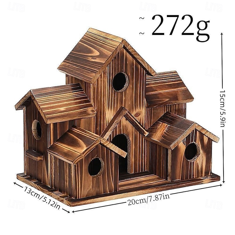 Bird House for Outside, 6 Holes Handmade Wooden Bird House, Retro Villa Style Large Bird House for Outside Birds, Backyard Patio Decorations3