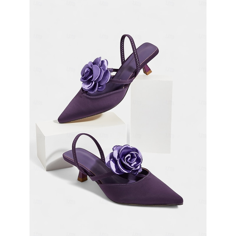 Women's Purple Satin Slingback Wedding Shoes with Rose Flower Detail, Pointed Toe, and Kitten Heel  – Elegant Bridal Heels for Weddings and Formal Events