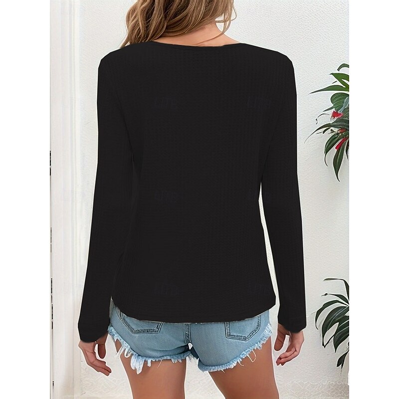 Women's T Shirt Plain Fashion Modern Casual Long Sleeve V Neck Regular Tops Daily Weekend Buttons Black White Pink Spring Fall4