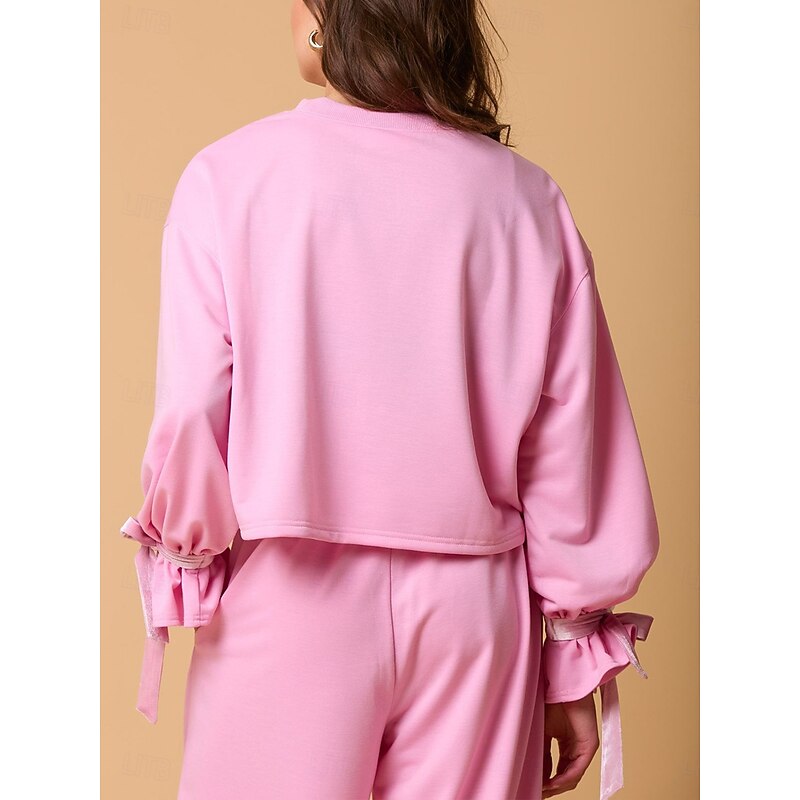 Women's Pajama Set Casual Comfort Pure Color Elastic Waist T Shirt Pant Home Daily Long Sleeve Crew Neck Pink Gray Fall Winter4