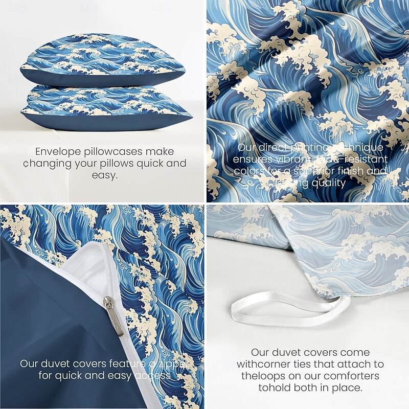 Ocean Wave Duvet Cover Set Soft Microfiber Bedding Vibrant Wave Design Includes Duvet Cover and Pillowcases Fade-Resistant, Zipper Closure, Machine Washable Queen, King, Twin Sizes Coastal Beach Theme3