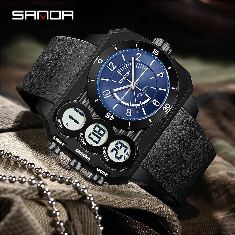 SANDA Men Digital Watch Outdoor Fashion Casual Wristwatch Luminous Alarm Clock Three Time Zones Calendar TPU Watch4