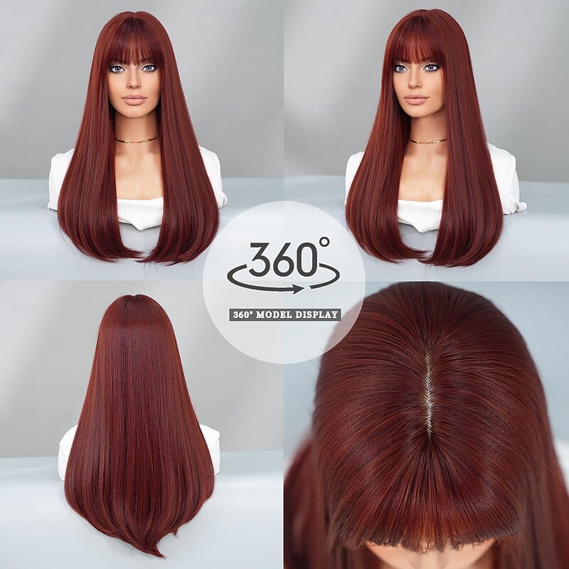 Long Straight Wig with Bangs Synthetic Layered Wig Natural Maroon  Hair Heat Resistant Wigs for Women Daily Party Use4