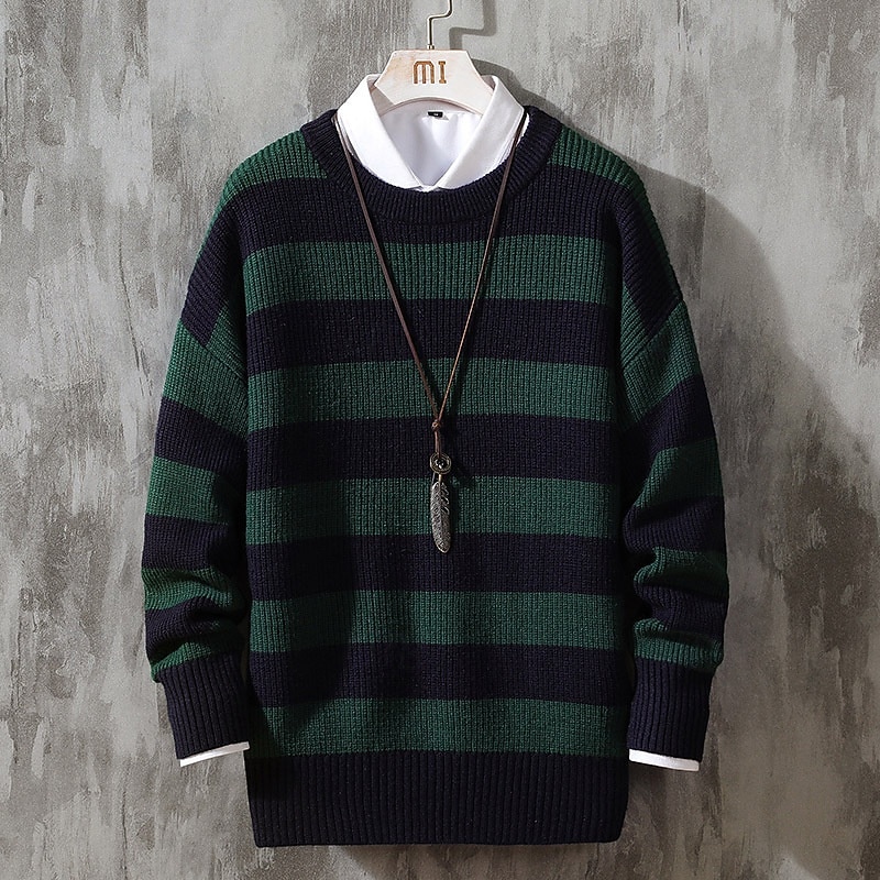 Men's Pullover Sweater Jumper Knit Sweater Ribbed Knit Regular Tops Knitted Stripe Crew Neck Fashion Basic Vacation Daily Wear Clothing Apparel Fall & Winter White Blue M L XL2