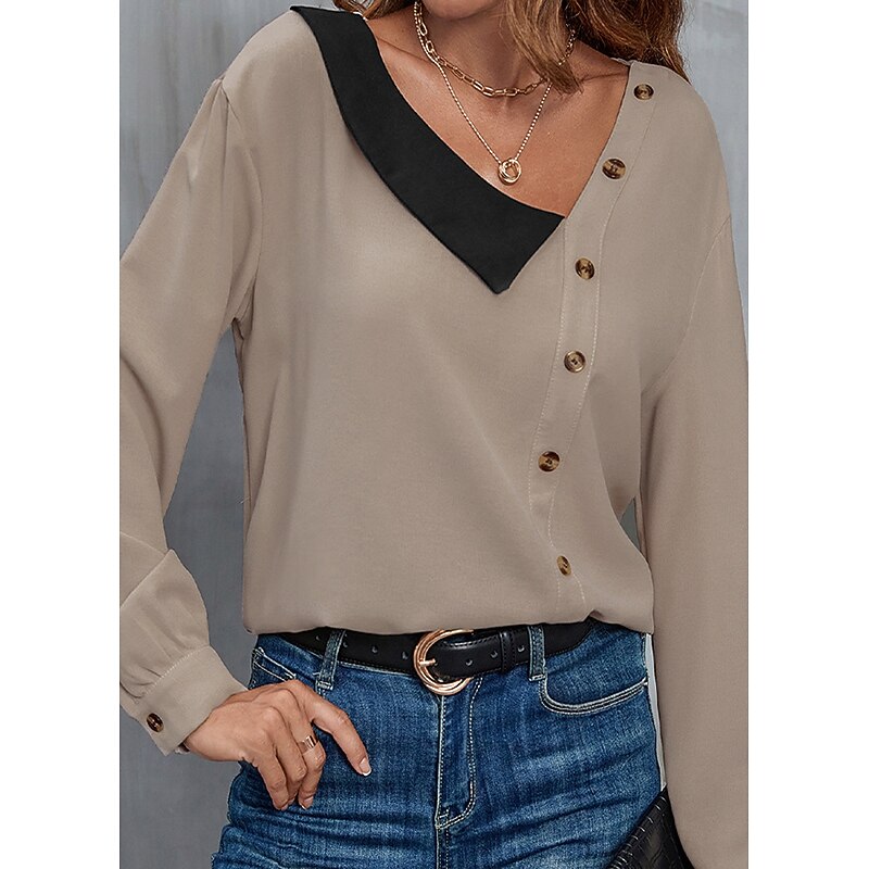 Women's Shirt Blouse Solid Color Basic Casual Long Sleeve V Neck Regular Tops Daily Patchwork Buttons Brown Spring Fall
