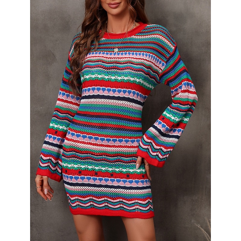 Women's Sweater Sweater Dress Casual Soft Striped Crochet Crew Neck Knitted Long Sleeve Long Tops Knit Outdoor Daily Weekend Fuchsia Green Summer Spring
