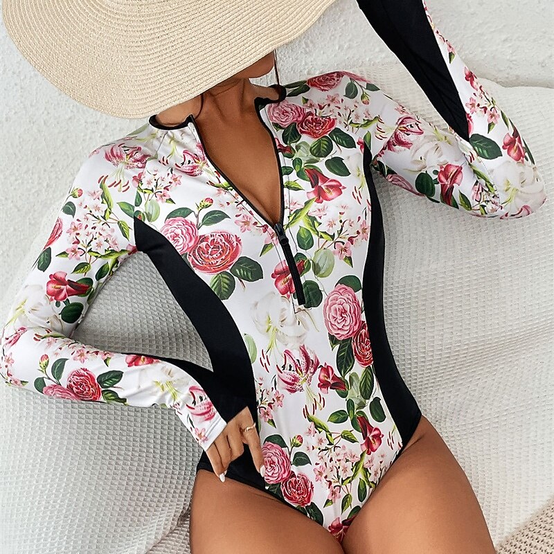 Women's Rash Guard One Piece Swimsuit Lightweight Sleeveless Bodysuit Bathing Suit Front Zip Swimming Surfing Beach Water Sports Floral Printed Summer Spring Autumn2