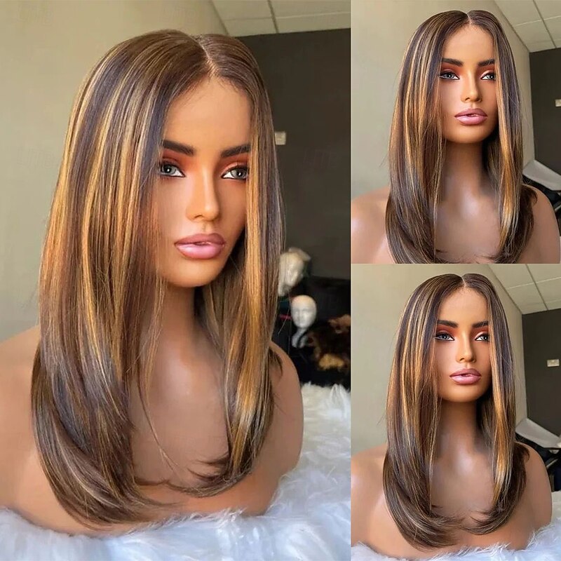 Human Hair 5x5 Closure 13x4 Lace Front Wig Middle Part Brazilian Hair Straight Brown Multi-color Wig 130% 150% Density Highlighted / Balayage Hair Glueless Pre-Plucked For Women Long Human Hair Lace
