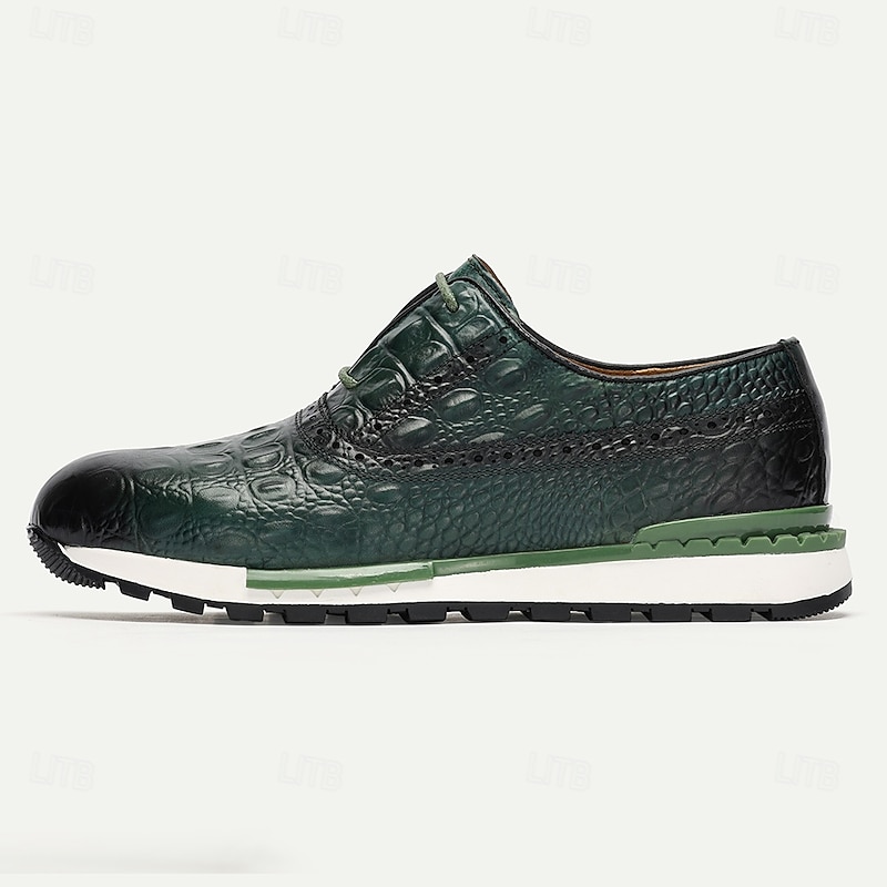 Men's Premium Cowhide Leather Sneakers with Crocodile Pattern and Green Accents – Stylish Casual & Sporty Footwear4