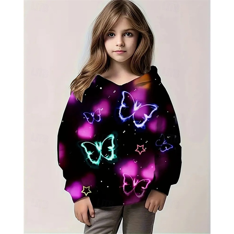 Girls' 3D Graphic Butterfly Hoodie Long Sleeve Spring Fall Fashion Streetwear Kids 4-12 Years Hooded Outdoor Casual Daily Regular Fit3