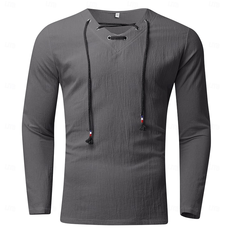 Men's Linen Shirt Tee Long Sleeve Shirt Long Sleeve V Neck Spring &  Fall Solid Color Casual Lace up Vacation Homewear Black White Gray Top Tee for Men4
